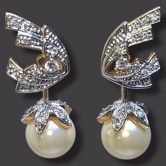 Vintage Camrose & Kross Jackie Kennedy Faux Pearl Drop Crystal Earrings JBK - Picture 2 of 8